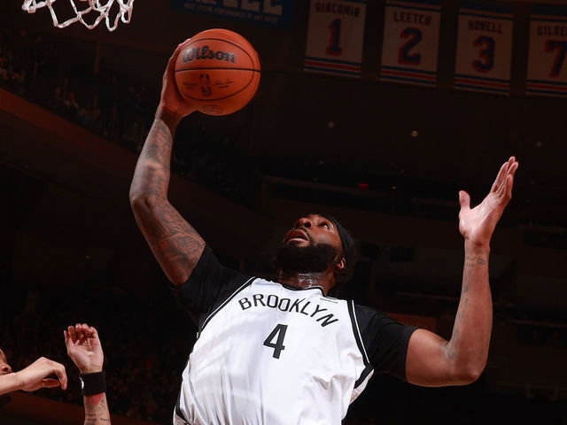 NEW YORK, NY - FEBRUARY 16: Andre Drummond #4 of the Brooklyn Nets rebounds the ball during the game against the New York Knicks on February 16, 2022 at Madison Square Garden in New York City, New York. Mandatory Copyright Notice: Copyright 2022 NBAE