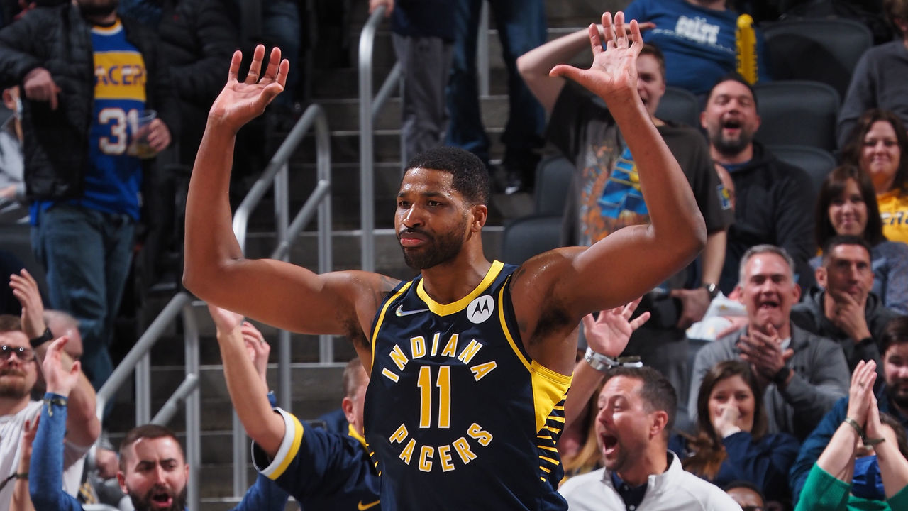 INDIANAPOLIS, IN - FEBRUARY 16: Tristan Tompson #11 of the Indiana Pacers celebrates during the game against the Washington Wizards on February 16, 2022 at Gainbridge Fieldhouse in Indianapolis, Indiana. Mandatory Copyright Notice: Copyright 2022 NBAE