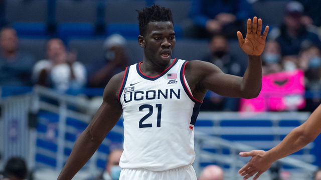 HARTFORD, CT - JANUARY 18: UConn Huskies forward Adama Sanogo (21) celebrates after a score during the mens college basketball game between the Butler Bulldogs and UConn Huskies on January 18, 2022, at XL Center in Hartford, CT.
