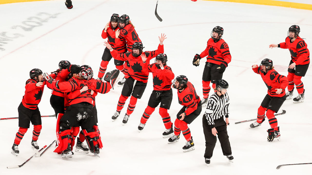 BEIJING, CHINA - FEBRUARY 17, 2022: Members of the Canadian women's ice hockey team celebrate victory over the US in their gold medal match at the Wukesong Arena as part of the 2022 Winter Olympic Games; Canada won 3-2. Sergei Bobylev/TASS