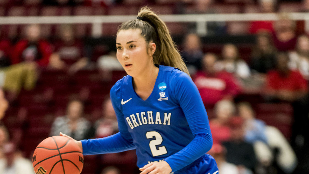 STANFORD, CA - MARCH 25: BYU Cougars guard Shaylee Gonzales (2) brings the ball down the court during the NCAA Second Round Womens Basketball game between the Stanford Cardinal and BYU Cougars on March 25, 2019 at Maples Pavilion in Palo Alto, CA.
