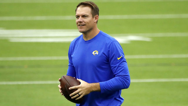 INGLEWOOD, CALIFORNIA - OCTOBER 24: Offensive coordinator Kevin O'Connell of the Los Angeles Rams looks on prior to the game against the Detroit Lions at SoFi Stadium on October 24, 2021 in Inglewood, California.