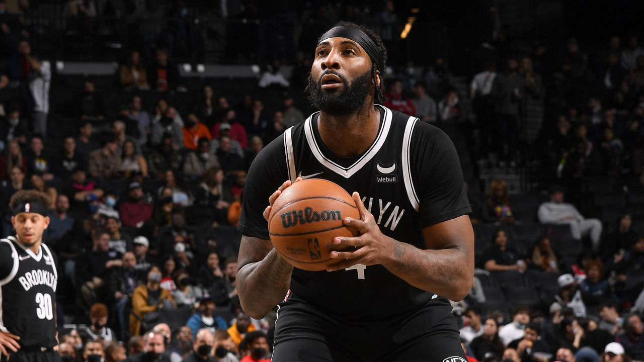 BROOKLYN, NY - FEBRUARY 17: Andre Drummond #4 of the Brooklyn Nets shoots a free throw during the game against the Washington Wizards on February 17, 2022 at Barclays Center in Brooklyn, New York. Mandatory Copyright Notice: Copyright 2022 NBAE