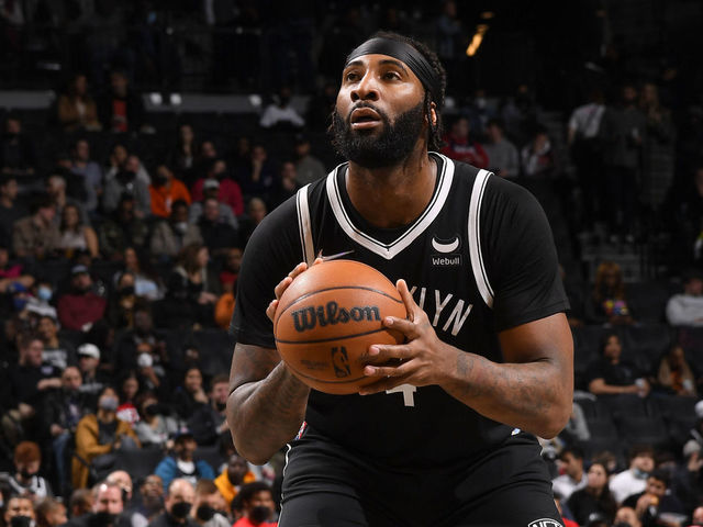 BROOKLYN, NY - FEBRUARY 17: Andre Drummond #4 of the Brooklyn Nets shoots a free throw during the game against the Washington Wizards on February 17, 2022 at Barclays Center in Brooklyn, New York. Mandatory Copyright Notice: Copyright 2022 NBAE