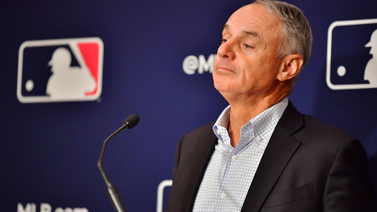 ORLANDO, FLORIDA - FEBRUARY 10: Major League Baseball Commissioner Rob Manfred answers questions during an MLB owner's meeting at the Waldorf Astoria on February 10, 2022 in Orlando, Florida. Manfred addressed the ongoing lockout of players, which owners put in place after the league's collective bargaining agreement ended on December 1, 2021.