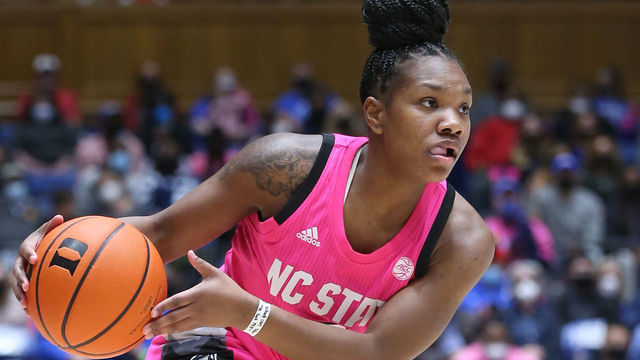 DURHAM, NC - FEBRUARY 13: NC State Wolfpack guard Diamond Johnson (0) passes the ball inside during the womens college basketball game between NC State and Duke on February 13, 2022 at Cameron Indoor Stadium.