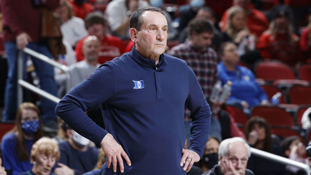 LOUISVILLE, KY - JANUARY 29: Duke Blue Devils head coach Mike Krzyzewski looks on during a college basketball game against the Louisville Cardinals on Jan. 29, 2022 at KFC Yum! Center in Louisville, Kentucky.