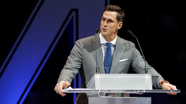 TAMPA, FL - FEBRUARY 10: Vincent Lecavalier speaks during the ceremony to retire his #4 by the Tampa Bay Lightning prior to the game against the Los Angeles Kings at the Amalie Arena on February 10, 2018 in Tampa, Florida.