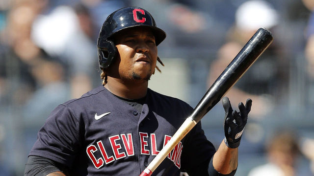 NEW YORK, NEW YORK - SEPTEMBER 18: Jose Ramirez #11 of the Cleveland Indians in action against the New York Yankees at Yankee Stadium on September 18, 2021 in New York City. The Indians defeated the Yankees 11-3.