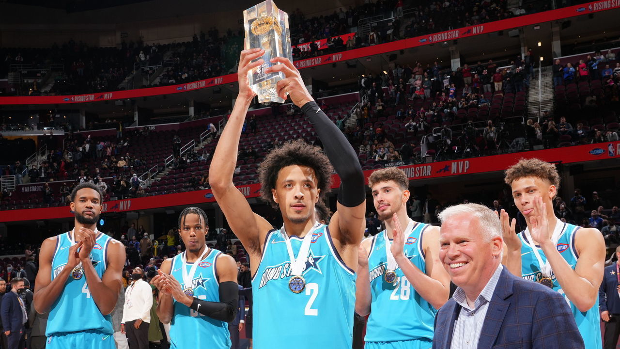 CLEVELAND, OH - FEBRUARY 18: Cade Cunningham #2 of Team Barry is presented with the MVP trophy for the 2022 Clorox Rising Stars Game as part of 2022 NBA All Star Weekend on February 18, 2022 at Rocket Mortgage FieldHouse in Cleveland, Ohio. NOTE TO USER: User expressly acknowledges and agrees that, by downloading and/or using this Photograph, user is consenting to the terms and conditions of the Getty Images License Agreement. Mandatory Copyright Notice: Copyright 2022 NBAE