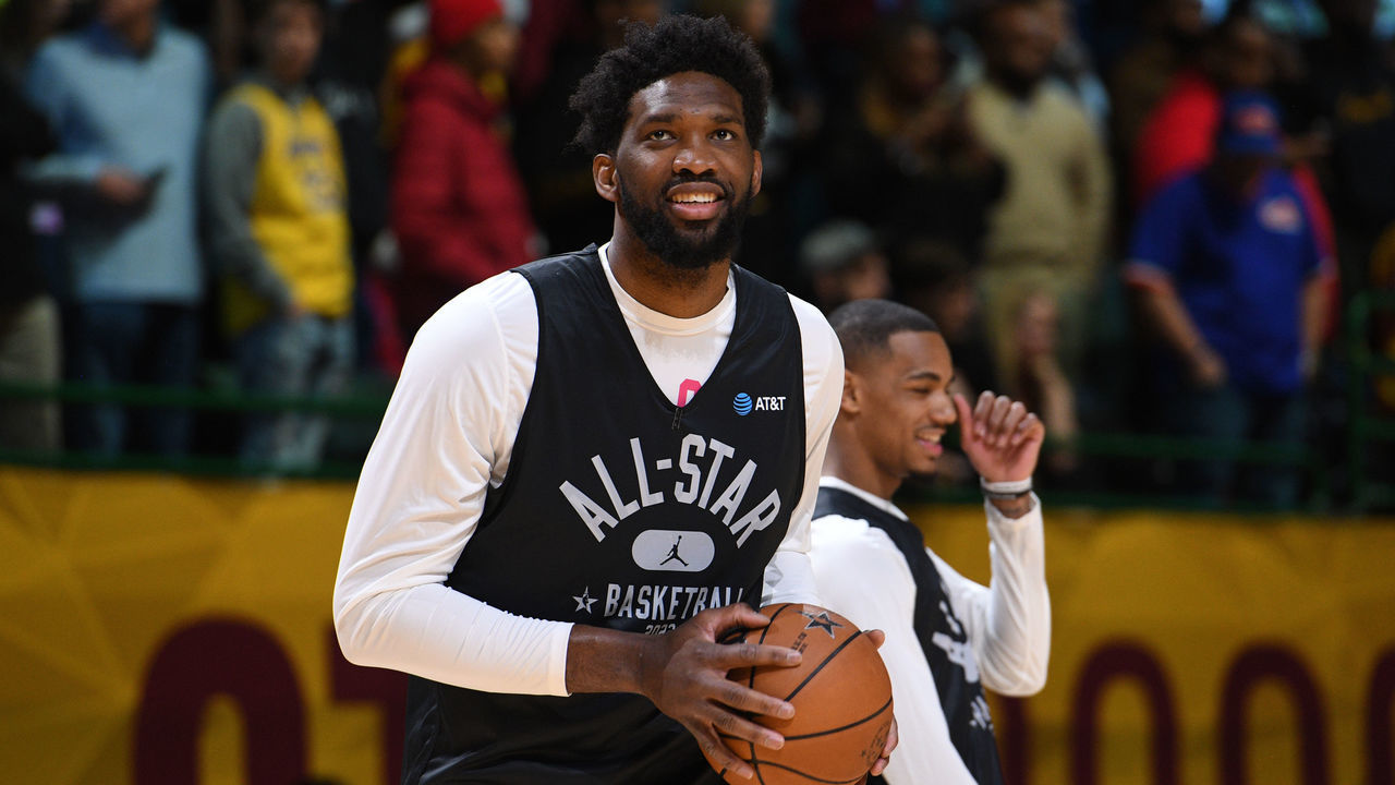 CLEVELAND, OH - FEBRUARY 19: Joel Embiid #21 of Team Durant smiles during NBA All Star Practice as part of 2022 NBA All Star Weekend on Friday, February 19, 2022 at Wolstein Center in Cleveland, Ohio. NOTE TO USER: User expressly acknowledges and agrees that, by downloading and/or using this Photograph, user is consenting to the terms and conditions of the Getty Images License Agreement. Mandatory Copyright Notice: Copyright 2022 NBAE