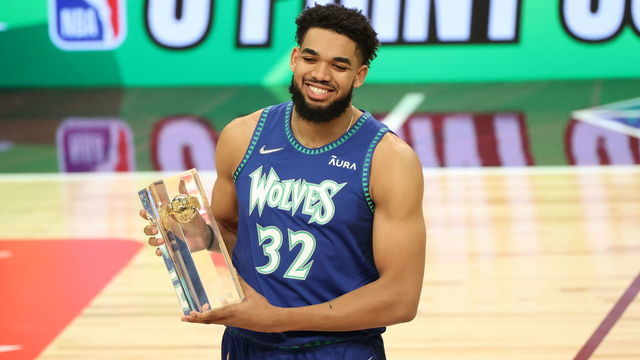 CLEVELAND, OH - FEBRUARY 19: Karl-Anthony Towns #32 of the Minnesota Timberwolves holds his trophy after winning the MTN DEW 3-Point Contest during State Farm All-Star Saturday Night on February 19, 2022 at Rocket Mortgage FieldHouse in Cleveland, Ohio. Mandatory Copyright Notice: Copyright 2022 NBAE