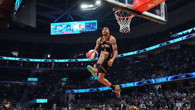 CLEVELAND, OH - FEBRUARY 19: Obi Toppin #1 of the New York Knicks dunks the ball during the AT&T Slam Dunk Contest as part of 2022 NBA All Star Weekend on February 19, 2022 at Rocket Mortgage FieldHouse in Cleveland, Ohio. NOTE TO USER: User expressly acknowledges and agrees that, by downloading and/or using this Photograph, user is consenting to the terms and conditions of the Getty Images License Agreement. Mandatory Copyright Notice: Copyright 2022 NBAE