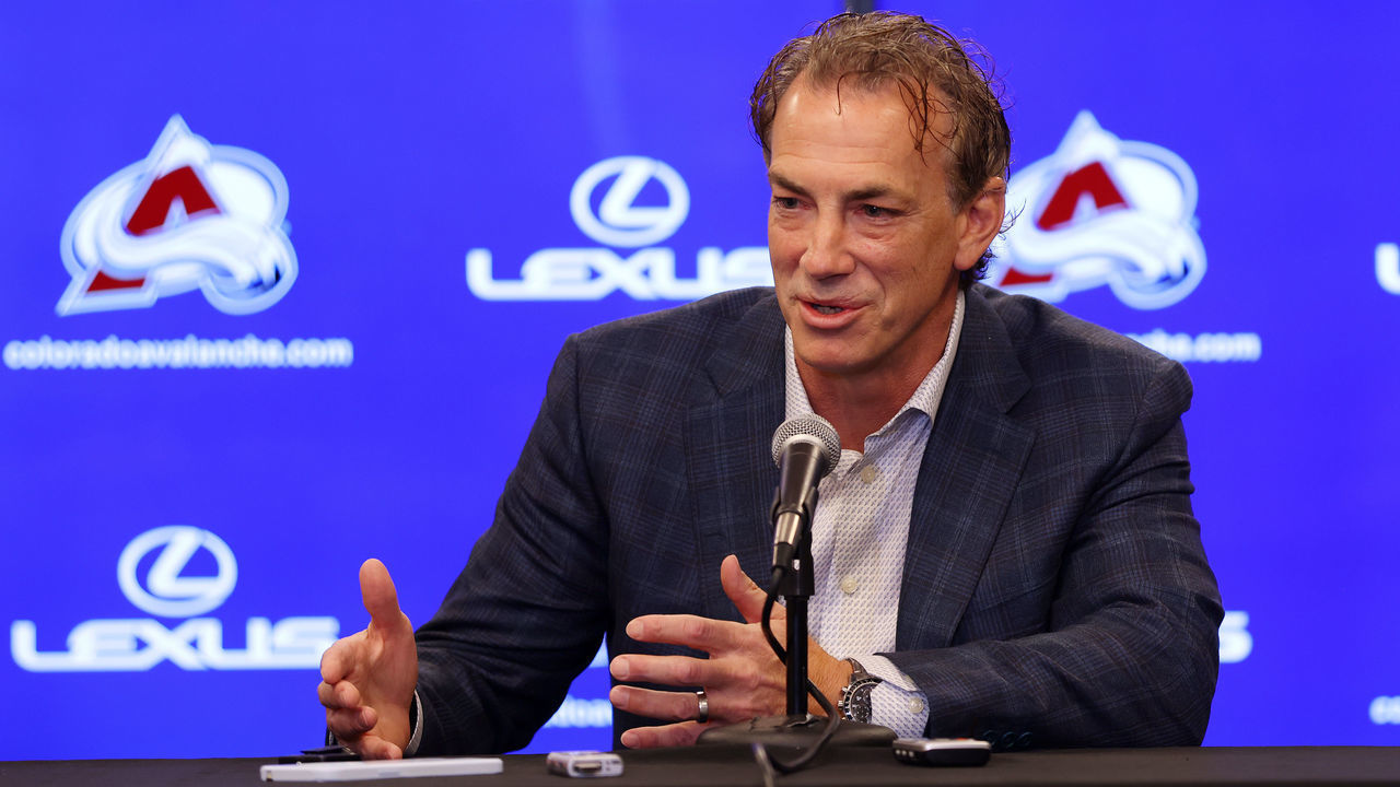 DENVER, COLORADO - FEBRUARY 10: Executive vice president and general manager Joe Sakic of the Colorado Avalanche talks to the media prior to the game against the Tampa Bay Lightning at Ball Arena on February 10, 2022 in Denver, Colorado.