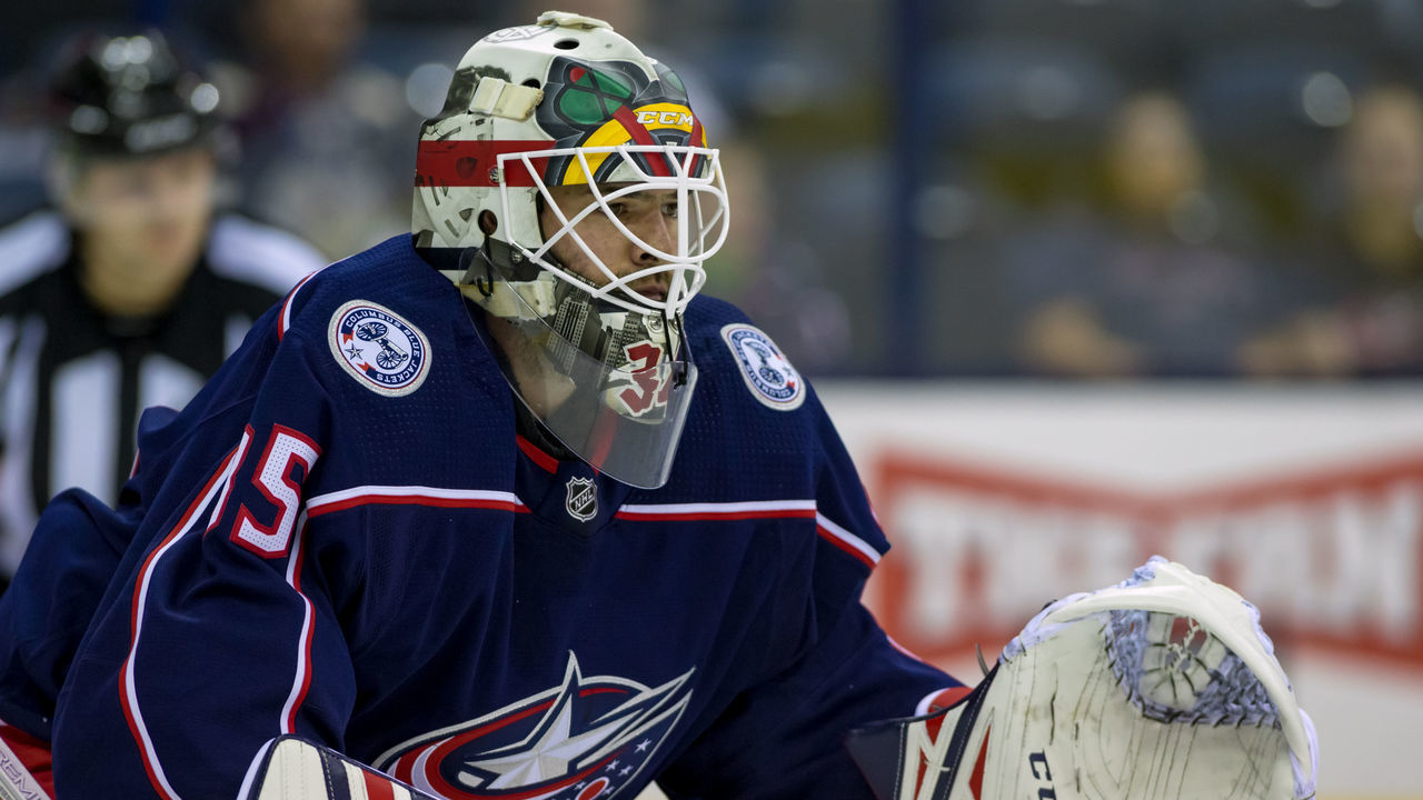 COLUMBUS, OH - SEPTEMBER 18: Jean-Francois Berube (35) of the Columbus Blue Jackets waits for a face-off in a game between the Columbus Blue Jackets and the Chicago Blackhawks on September 18, 2018 at Nationwide Arena in Columbus, OH. The Blue Jackets won 4-1.