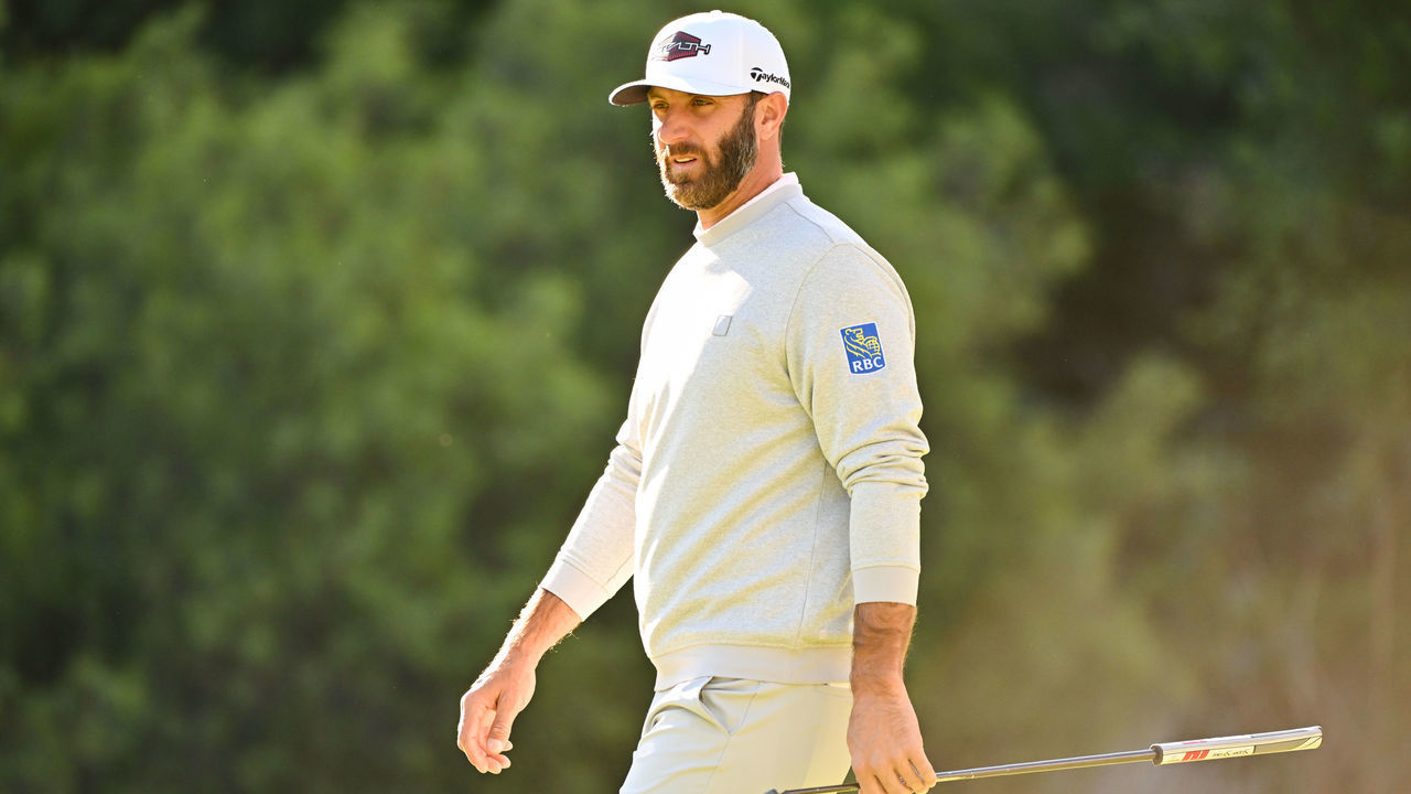 PACIFIC PALISADES, CA - FEBRUARY 18: Dustin Johnson reads the 13th green during the second round of the Genesis Invitational at Riviera Country Club on February 18, 2022 in Pacific Palisades, California.