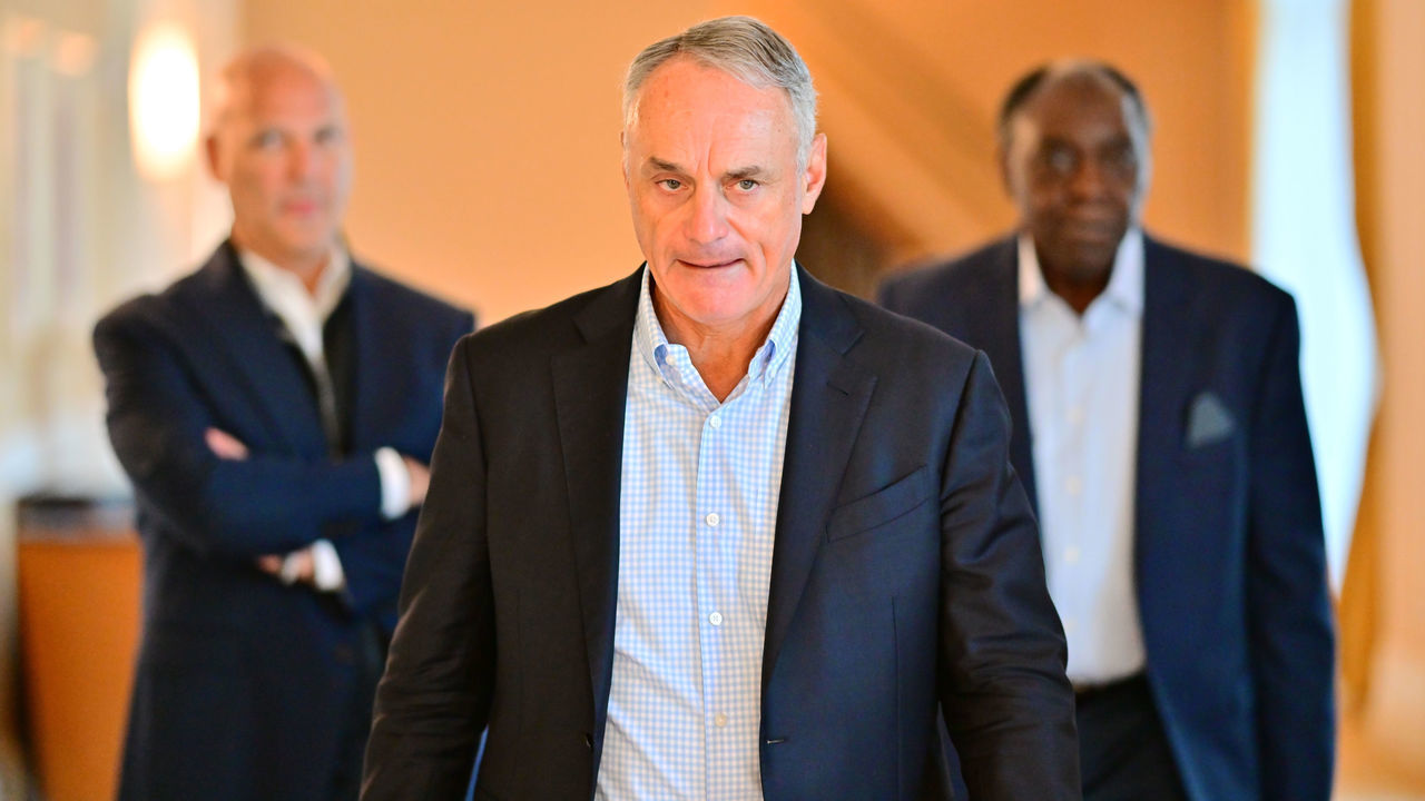 ORLANDO, FLORIDA - FEBRUARY 10: Major League Baseball Commissioner Rob Manfred walks to a press conference during an MLB owner's meeting at the Waldorf Astoria on February 10, 2022 in Orlando, Florida. Manfred addressed the ongoing lockout of players, which owners put in place after the league's collective bargaining agreement ended on December 1, 2021.