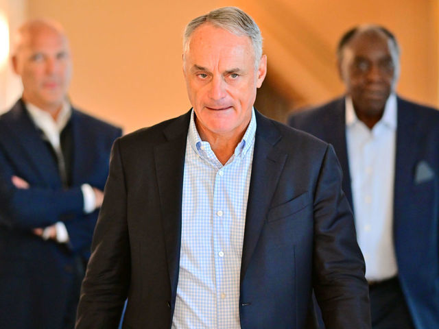 ORLANDO, FLORIDA - FEBRUARY 10: Major League Baseball Commissioner Rob Manfred walks to a press conference during an MLB owner's meeting at the Waldorf Astoria on February 10, 2022 in Orlando, Florida. Manfred addressed the ongoing lockout of players, which owners put in place after the league's collective bargaining agreement ended on December 1, 2021.