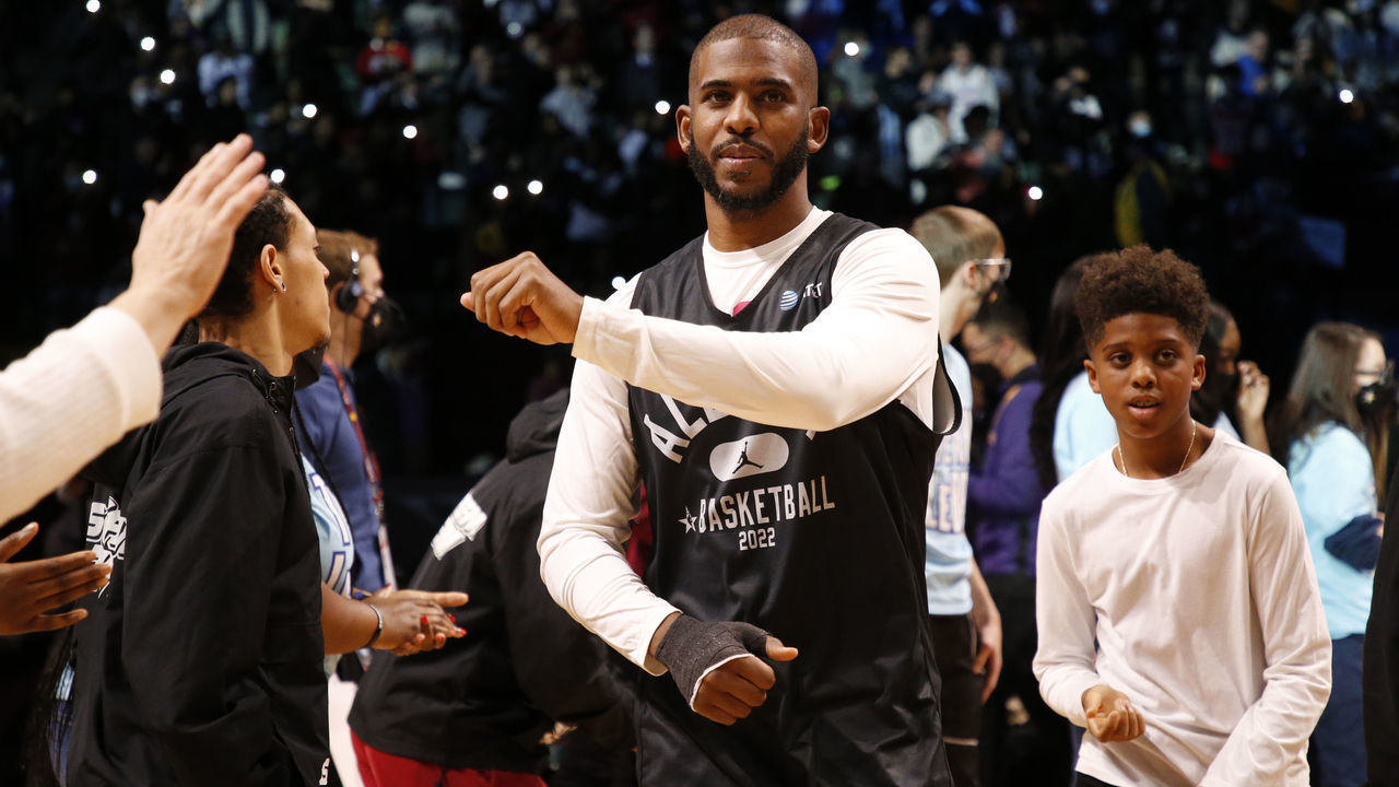 CLEVELAND, OH - FEBRUARY 19: Chris Paul #3 of Team LeBron walks onto the court during NBA All Star Practice as part of 2022 NBA All Star Weekend on Saturday, February 19, 2022 at Wolstein Center in Cleveland, Ohio. NOTE TO USER: User expressly acknowledges and agrees that, by downloading and/or using this Photograph, user is consenting to the terms and conditions of the Getty Images License Agreement. Mandatory Copyright Notice: Copyright 2022 NBAE