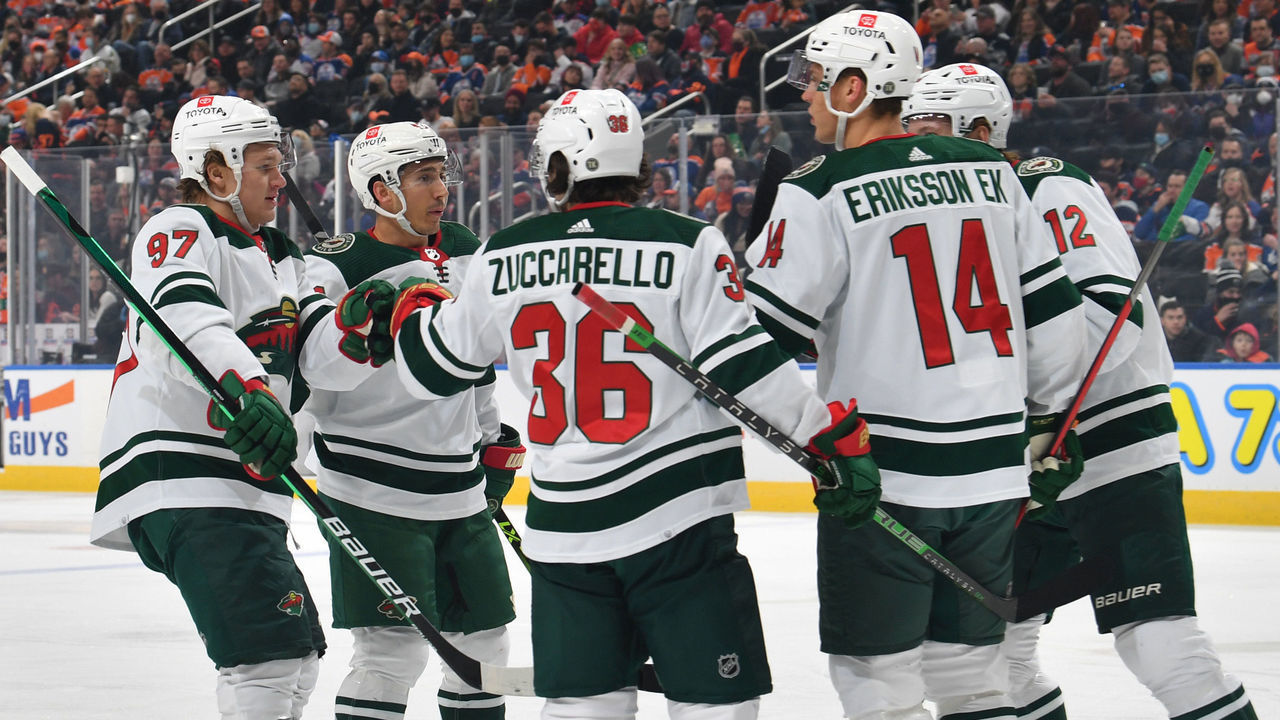 EDMONTON, AB - FEBRUARY 20: Kirill Kaprizov #97, Jared Spurgeon #46, Mats Zuccarello #36, Joel Eriksson Ek #14 and Matthew Boldy #12 of the Minnesota Wild celebrate after a goal during the game against the Edmonton Oilers on February 20, 2022 at Rogers Place in Edmonton, Alberta, Canada.