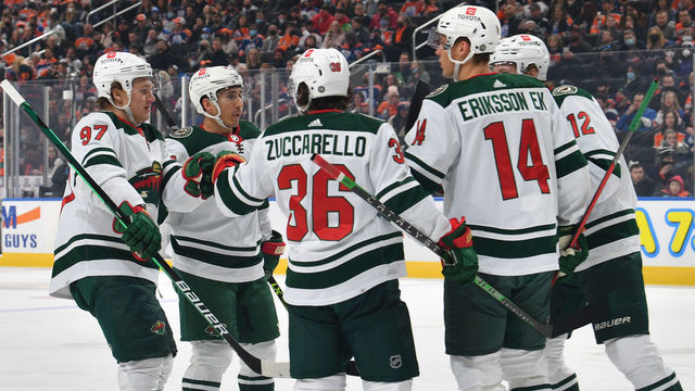 EDMONTON, AB - FEBRUARY 20: Kirill Kaprizov #97, Jared Spurgeon #46, Mats Zuccarello #36, Joel Eriksson Ek #14 and Matthew Boldy #12 of the Minnesota Wild celebrate after a goal during the game against the Edmonton Oilers on February 20, 2022 at Rogers Place in Edmonton, Alberta, Canada.