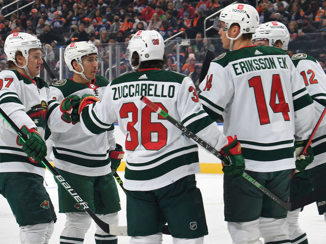 EDMONTON, AB - FEBRUARY 20: Kirill Kaprizov #97, Jared Spurgeon #46, Mats Zuccarello #36, Joel Eriksson Ek #14 and Matthew Boldy #12 of the Minnesota Wild celebrate after a goal during the game against the Edmonton Oilers on February 20, 2022 at Rogers Place in Edmonton, Alberta, Canada.