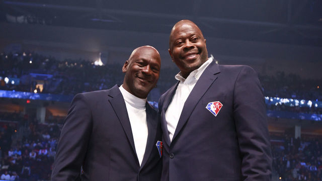 CLEVELAND, OH - FEBRUARY 20: Michael Jordan of the 75th Anniversary Team and Patrick Ewing of the 75th Anniversary Team pose for a photo during the 2022 NBA All-Star Game as part of 2022 NBA All Star Weekend on February 20, 2022 at Rocket Mortgage FieldHouse in Cleveland, Ohio. NOTE TO USER: User expressly acknowledges and agrees that, by downloading and/or using this Photograph, user is consenting to the terms and conditions of the Getty Images License Agreement. Mandatory Copyright Notice: Copyright 2022 NBAE