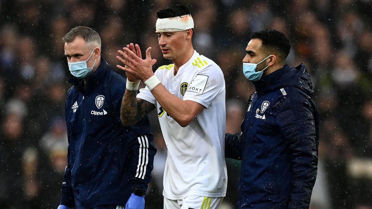 LEEDS, ENGLAND - FEBRUARY 20: Robin Koch of Leeds United is substituted after an injury during the Premier League match between Leeds United and Manchester United at Elland Road on February 20, 2022 in Leeds, England.