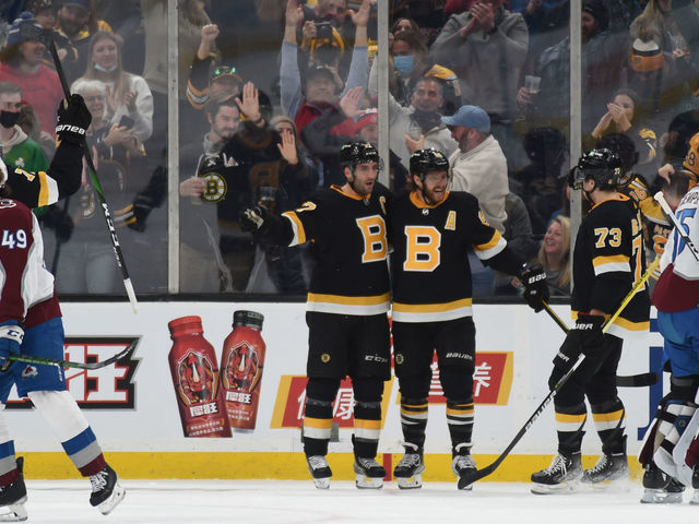 BOSTON, MA - FEBRUARY 21: David Pastrnak #88 of the Boston Bruins celebrates his first period goal against the Colorado Avalanche at the TD Garden on February 21, 2022 in Boston, Massachusetts.