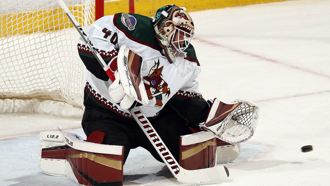 SUNRISE, FL - OCTOBER 25: Goaltender Carter Hutton #40 of the Arizona Coyotes defends the net against the Florida Panthers at the FLA Live Arena on October 25, 2021 in Sunrise, Florida.