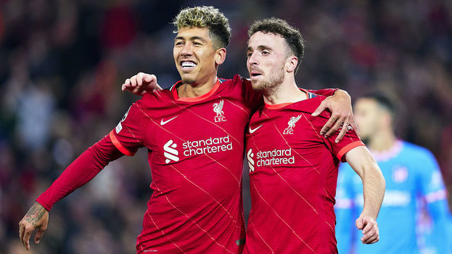 LIVERPOOL, ENGLAND - NOVEMBER 03: Diogo Jota and Roberto Firmino of Liverpool FC celebrating a goal after disallowed by VAR during the UEFA Champions League group B match between Liverpool FC and Atletico Madrid at Anfield on November 03, 2021 in Liverpool, England.