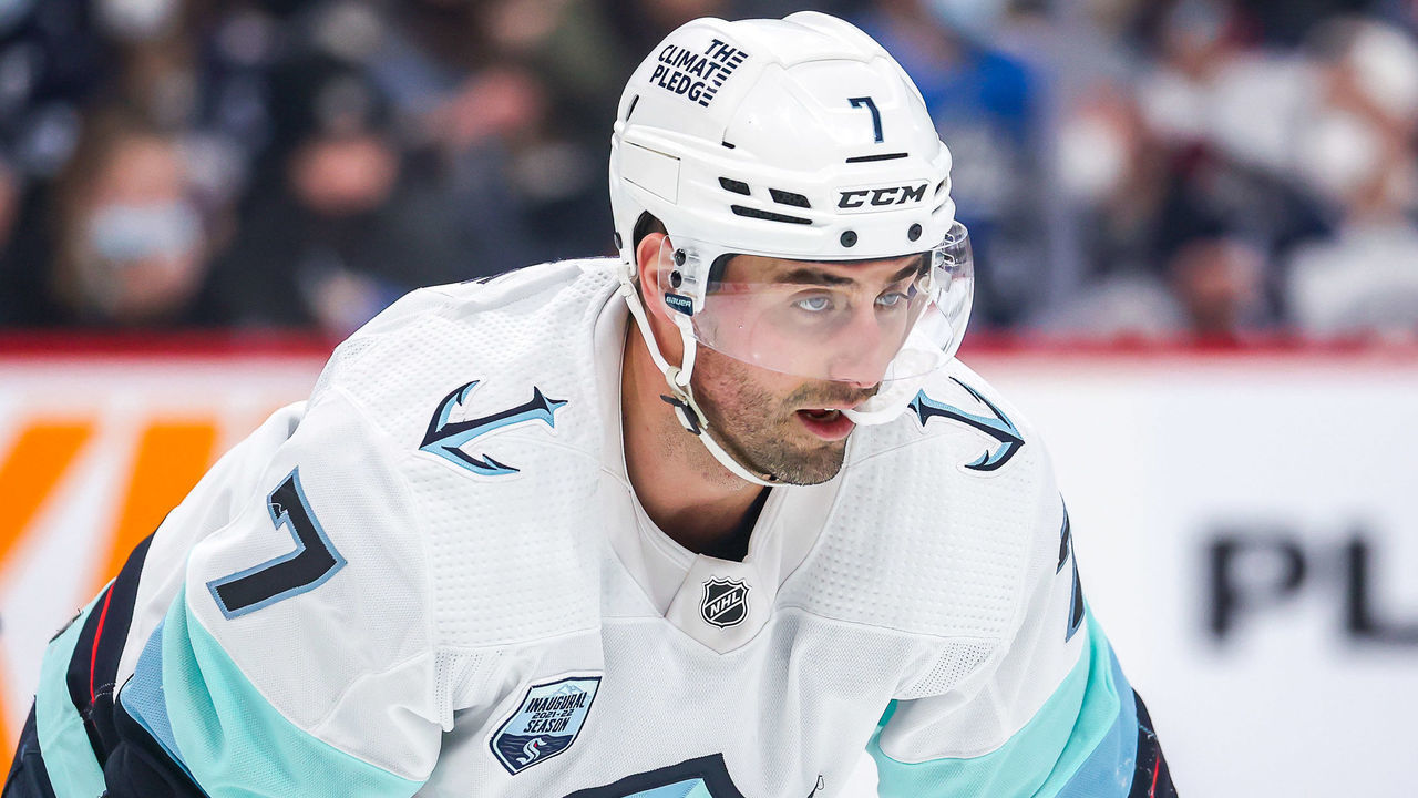 WINNIPEG, MB - FEBRUARY 17: Jordan Eberle #7 of the Seattle Kraken looks on as he gets set for a second period face-off against the Winnipeg Jets at the Canada Life Centre on February 17, 2022 in Winnipeg, Manitoba, Canada.