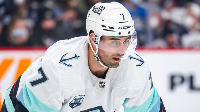 WINNIPEG, MB - FEBRUARY 17: Jordan Eberle #7 of the Seattle Kraken looks on as he gets set for a second period face-off against the Winnipeg Jets at the Canada Life Centre on February 17, 2022 in Winnipeg, Manitoba, Canada.