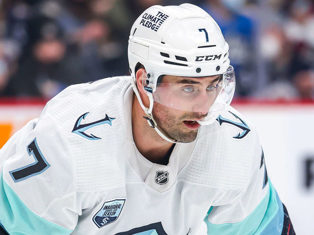 WINNIPEG, MB - FEBRUARY 17: Jordan Eberle #7 of the Seattle Kraken looks on as he gets set for a second period face-off against the Winnipeg Jets at the Canada Life Centre on February 17, 2022 in Winnipeg, Manitoba, Canada.