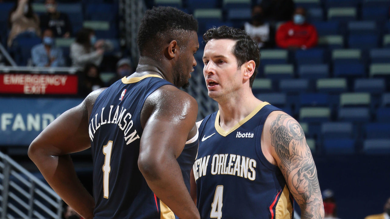 NEW ORLEANS, LA - FEBRUARY 17: Zion Williamson #1 and JJ Redick #4 of the New Orleans Pelicans talk during the game against the Portland Trail Blazers on February 17, 2021 at the Smoothie King Center in New Orleans, Louisiana. Mandatory Copyright Notice: Copyright 2021 NBAE