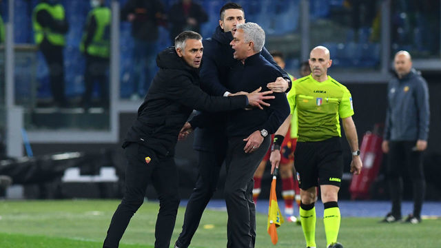 Roma trainer Jose Mourinho leaves the field after the expulsion during the match Roma vs Verona at the Stadio Olimpico. Rome (Italy), February 19th, 2022