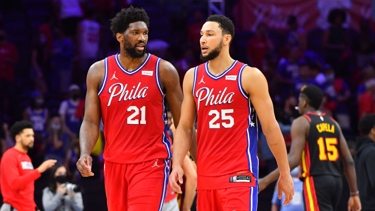 PHILADELPHIA, PA - JUNE 6: Joel Embiid #21 of the Philadelphia 76ers and Ben Simmons #25 of the Philadelphia 76ers talk after a game during Round 2, Game 1 of the Eastern Conference Playoffs on June 6, 2021 at Wells Fargo Center in Philadelphia, Pennsylvania. NOTE TO USER: User expressly acknowledges and agrees that, by downloading and/or using this Photograph, user is consenting to the terms and conditions of the Getty Images License Agreement. Mandatory Copyright Notice: Copyright 2021 NBAE