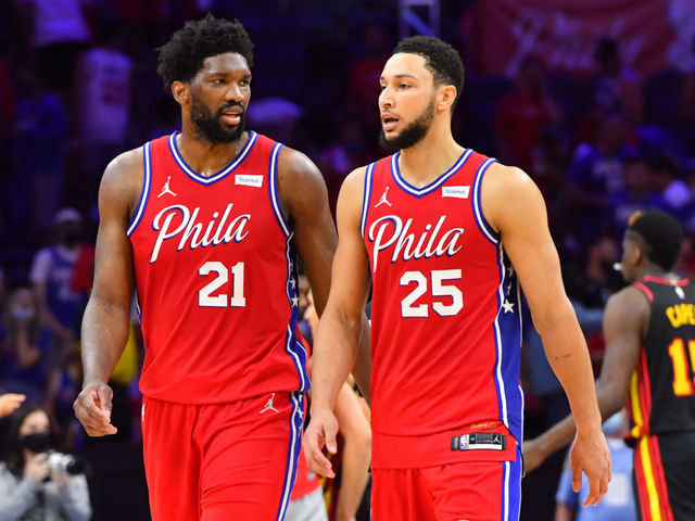 PHILADELPHIA, PA - JUNE 6: Joel Embiid #21 of the Philadelphia 76ers and Ben Simmons #25 of the Philadelphia 76ers talk after a game during Round 2, Game 1 of the Eastern Conference Playoffs on June 6, 2021 at Wells Fargo Center in Philadelphia, Pennsylvania. NOTE TO USER: User expressly acknowledges and agrees that, by downloading and/or using this Photograph, user is consenting to the terms and conditions of the Getty Images License Agreement. Mandatory Copyright Notice: Copyright 2021 NBAE