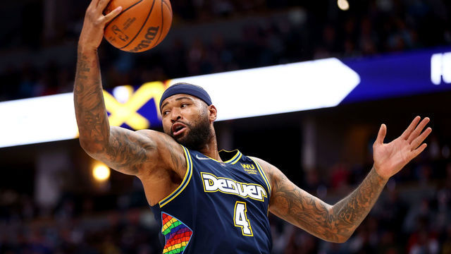 DENVER, CO - FEBRUARY 06: DeMarcus Cousins #4 of the Denver Nuggets grabs a rebound against the Brooklyn Nets at Ball Arena on February 6, 2022 in Denver, Colorado.