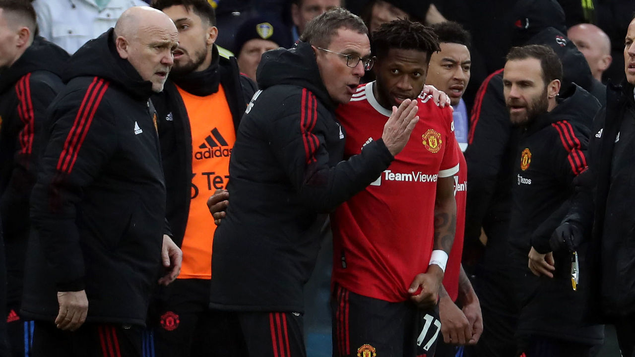 LEEDS, ENGLAND - FEBRUARY 20: Interim Manager Ralf Rangnick of Manchester United speaks to Fred during the Premier League match between Leeds United and Manchester United at Elland Road on February 20, 2022 in Leeds, England.