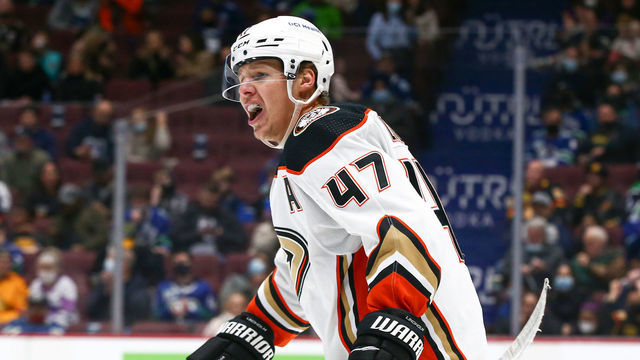 VANCOUVER, BC - FEBRUARY 19: Anaheim Ducks Defenceman Hampus Lindholm (47) complains the referee after a penalty call as the Ducks play the Vancouver Canucks during their NHL game at Rogers Arena on February 19, 2022 in Vancouver, British Columbia, Canada.