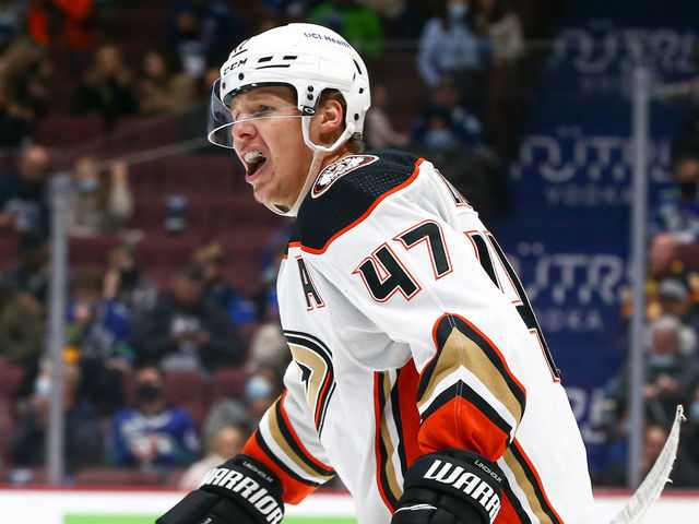 VANCOUVER, BC - FEBRUARY 19: Anaheim Ducks Defenceman Hampus Lindholm (47) complains the referee after a penalty call as the Ducks play the Vancouver Canucks during their NHL game at Rogers Arena on February 19, 2022 in Vancouver, British Columbia, Canada.