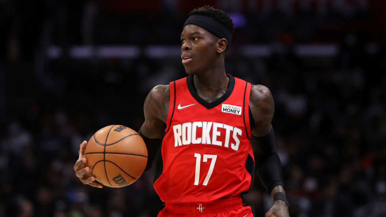 LOS ANGELES, CALIFORNIA - FEBRUARY 17: Dennis Schroder #17 of the Houston Rockets brings the ball up court during the third quarter against the Los Angeles Clippers at Crypto.com Arena on February 17, 2022 in Los Angeles, California.