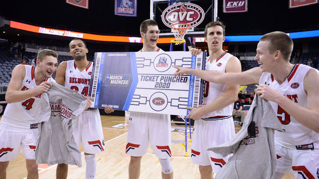 EVANSVILLE, IN - MARCH 07: Belmont Bruins players hold up their ticket and championship shirts at the conclusion of the Ohio Valley Conference Tournament championship game between the Murray State Racers and the Belmont Bruins on March 7, 2020, at the Ford Center in Evansville, Indiana.