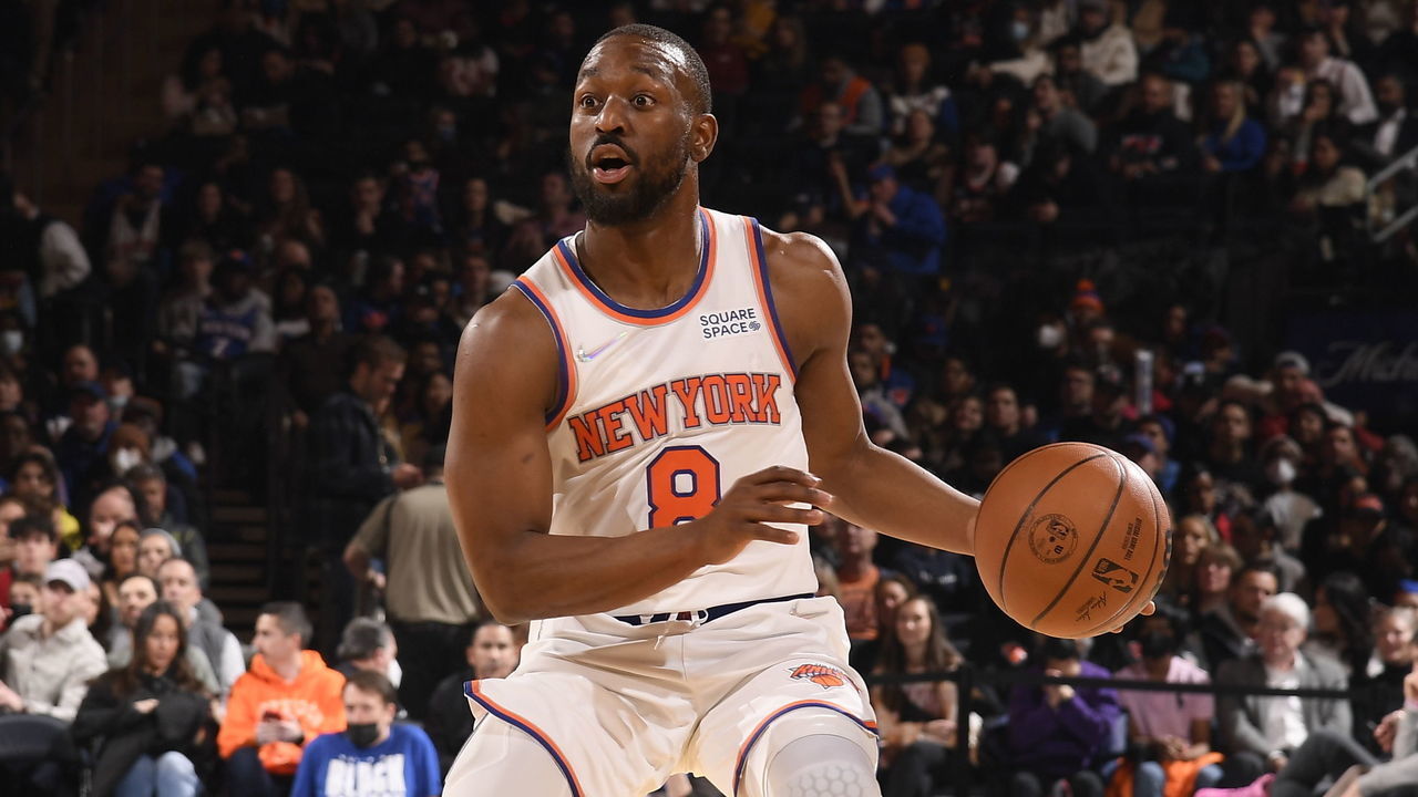 NEW YORK, NY - FEBRUARY 14: Kemba Walker #8 of the New York Knicks handles the ball during the game against the Oklahoma City Thunder on February 14, 2022 at Madison Square Garden in New York City, New York. Mandatory Copyright Notice: Copyright 2022 NBAE