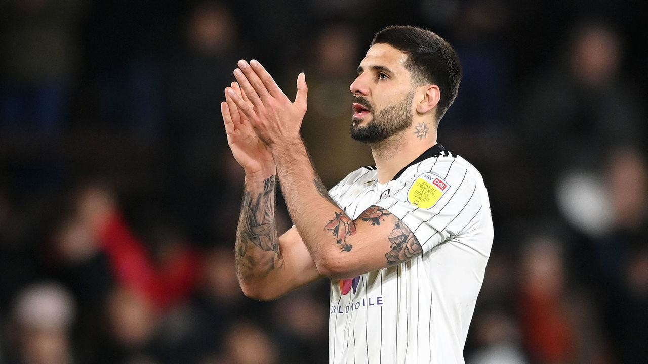 LONDON, ENGLAND - FEBRUARY 23: Aleksandar Mitrovic of Fulham acknowledges the fans following the Sky Bet Championship match between Fulham and Peterborough United at Craven Cottage on February 23, 2022 in London, England.