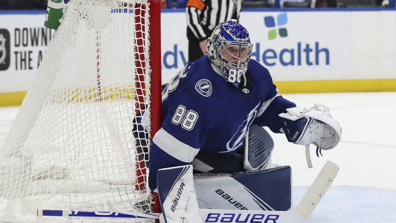 TAMPA, FL - FEBRUARY 13: Tampa Bay Lightning goaltender Andrei Vasilevskiy (88) in the 3rd period of the NHL game between the Edmonton Oilers and Tampa Bay Lightning on February 13, 2020 at Amalie Arena in Tampa, FL.