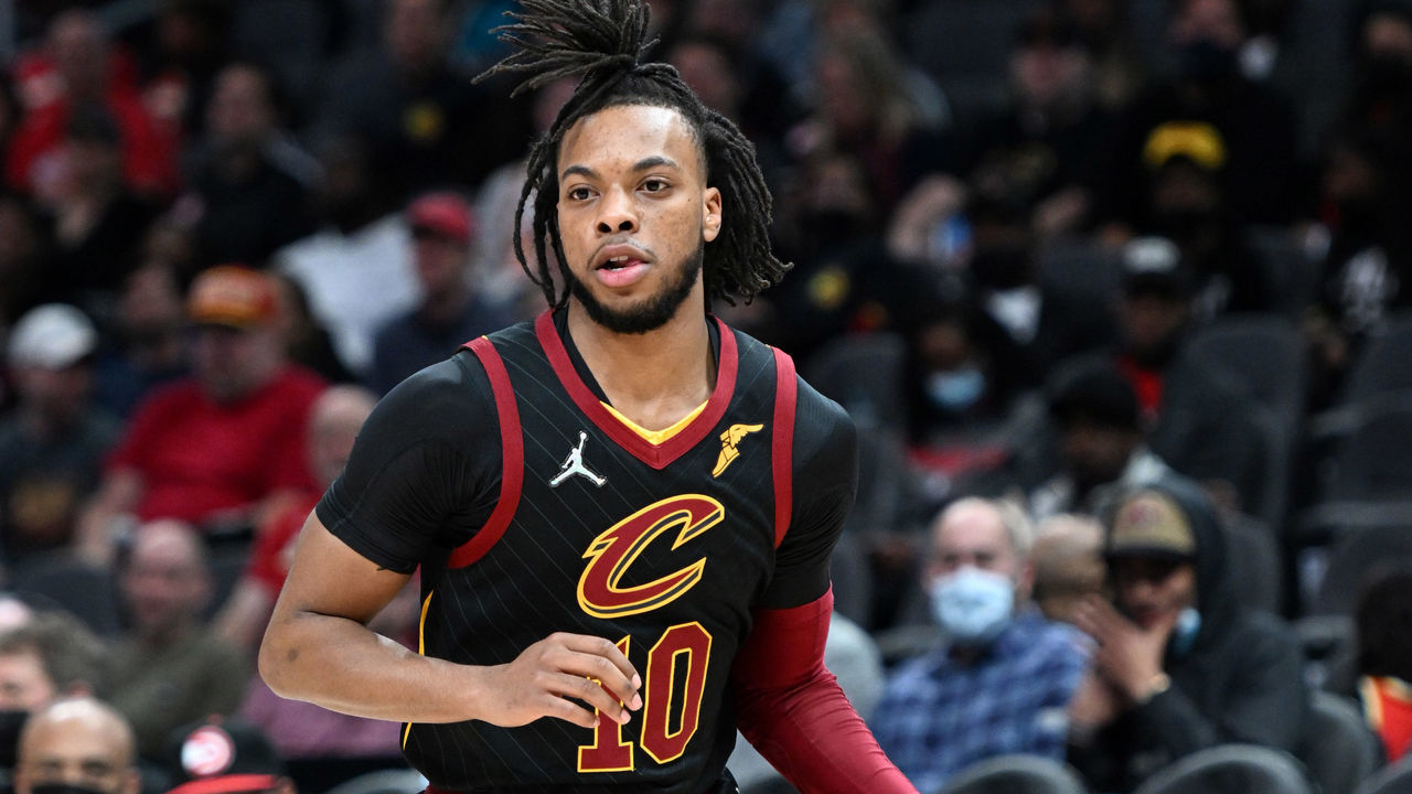 ATLANTA, GA - FEBRUARY 15: Darius Garland #10 of the Cleveland Cavaliers dribbles the ball during the game against the Atlanta Hawks on February 15, 2022 at State Farm Arena in Atlanta, Georgia. NOTE TO USER: User expressly acknowledges and agrees that, by downloading and/or using this Photograph, user is consenting to the terms and conditions of the Getty Images License Agreement. Mandatory Copyright Notice: Copyright 2022 NBAE
