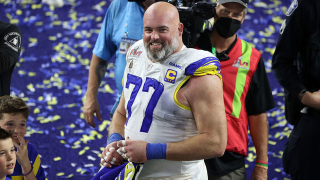 INGLEWOOD, CALIFORNIA - FEBRUARY 13: Andrew Whitworth #77 of the Los Angeles Rams celebrates after Super Bowl LVI at SoFi Stadium on February 13, 2022 in Inglewood, California. The Los Angeles Rams defeated the Cincinnati Bengals 23-20.