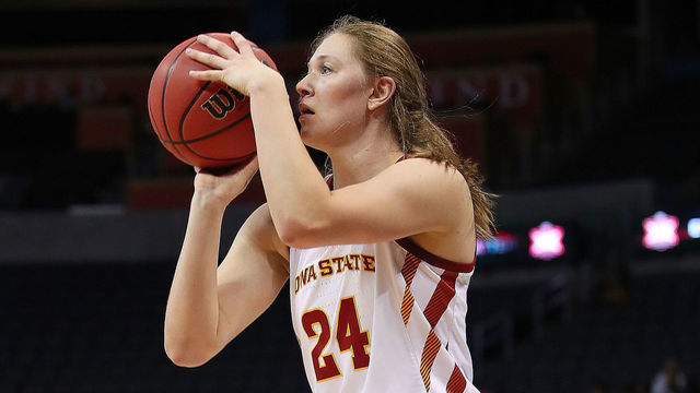 OKLAHOMA CITY, OK - MARCH 09: Iowa State Cyclones Guard Ashley Joens (24) looks to shoot during the BIG12 Women's basketball tournament between the Iowa State and the Kansas on March 9, 2019, at the Chesapeake Energy Arena in Oklahoma City, OK.